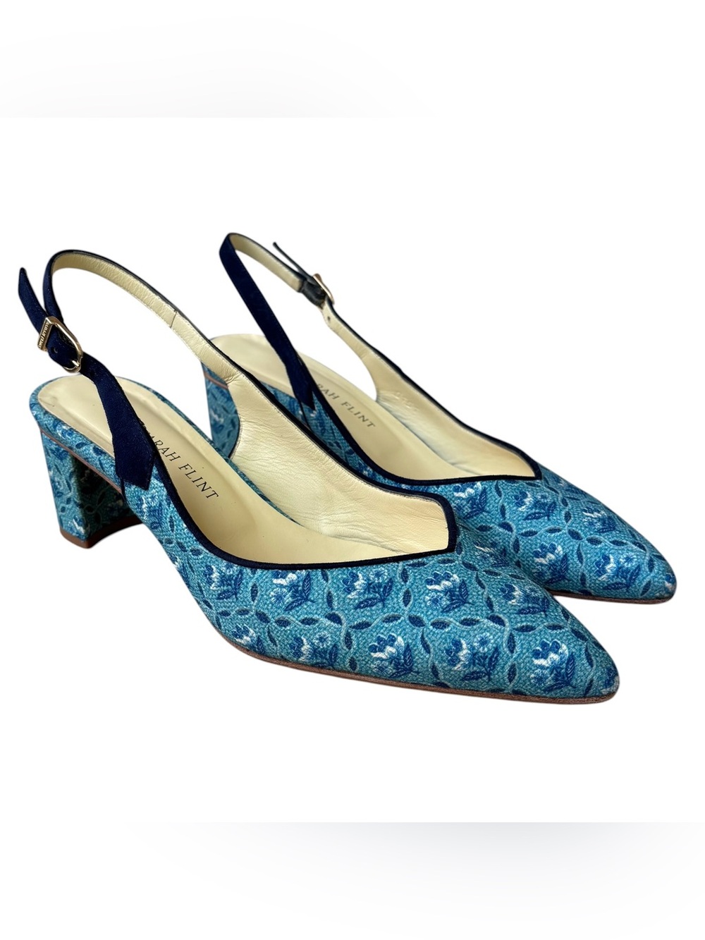 SARAH FLINT Floral Brocade & Navy Suede Slingback Heels
